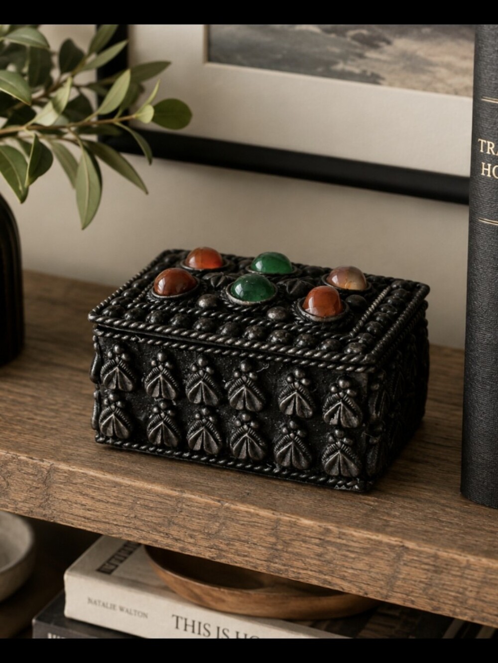 Decorative Black Trinket Box with Gem Accents